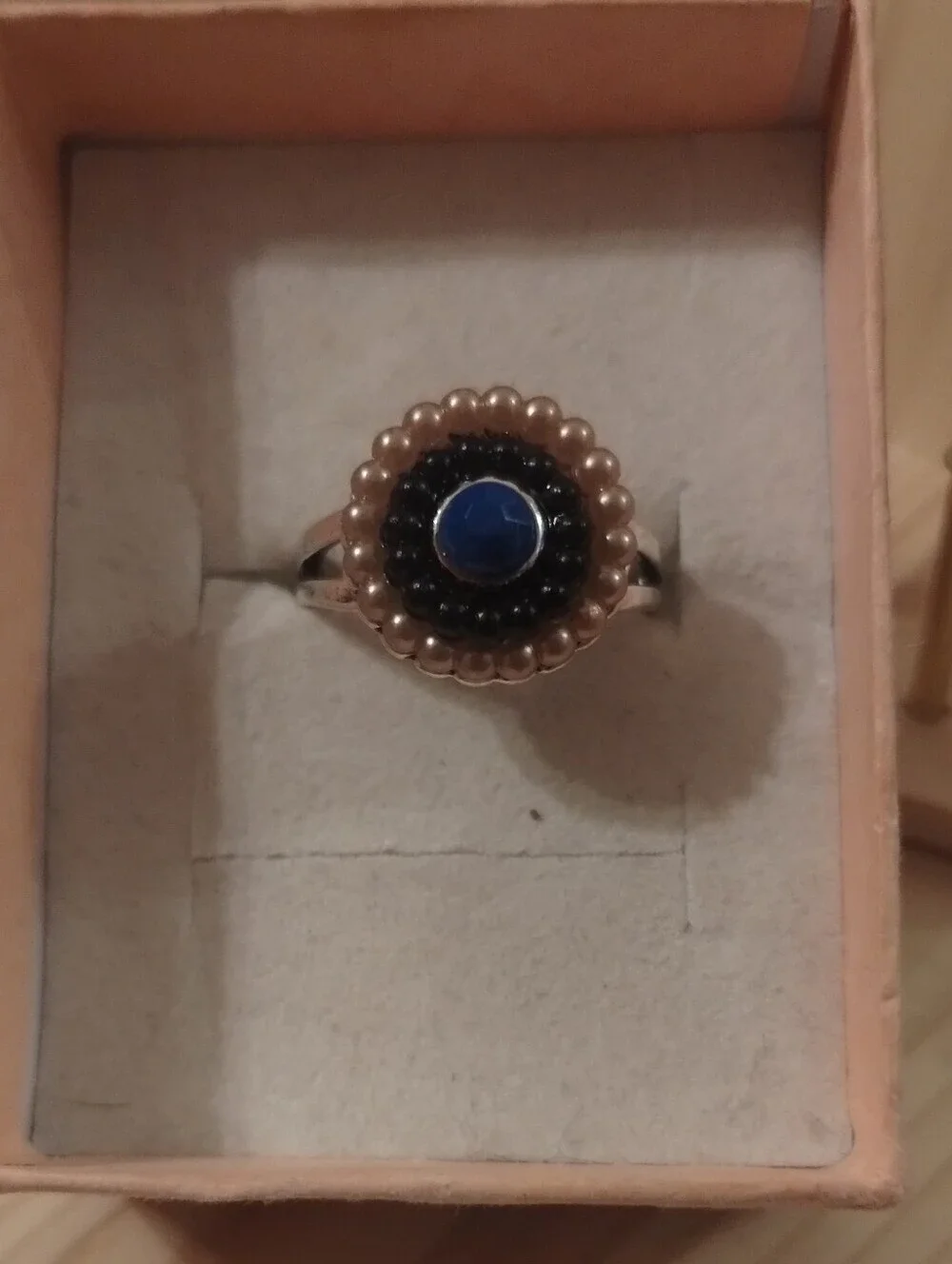 Blue & Pearl Beaded Statement Ring Silver Tone Vintage Style Size 6.75